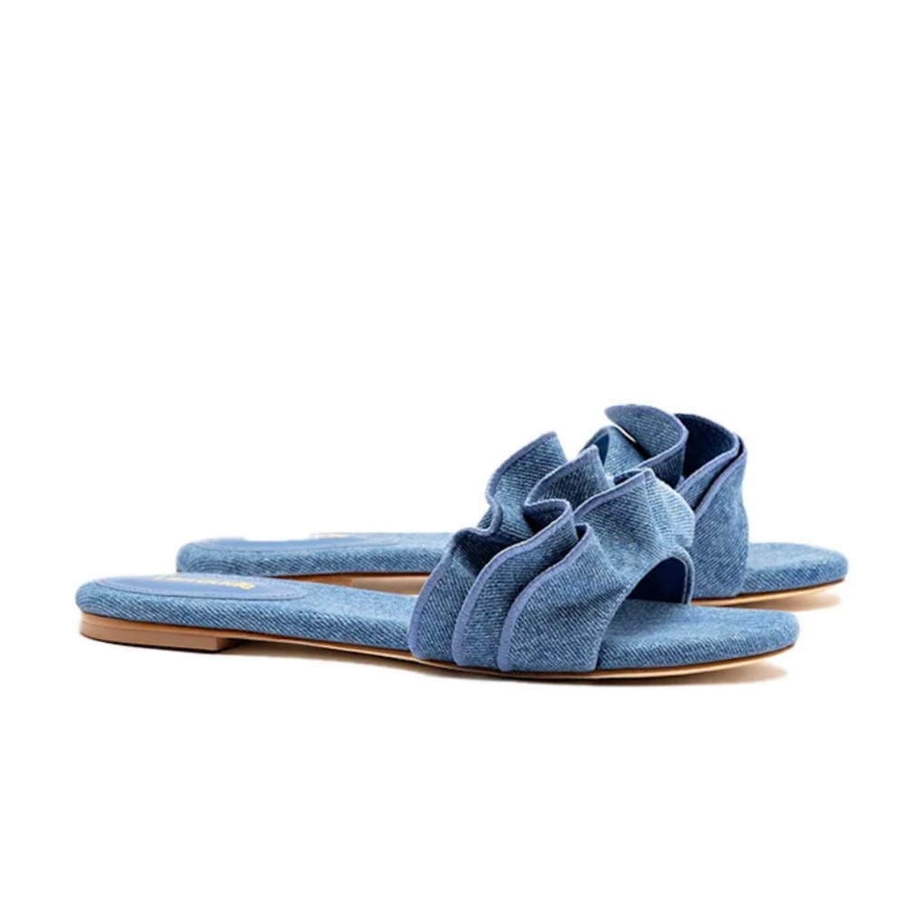 Larroude Blue Denim Ruffle Flat Size 8